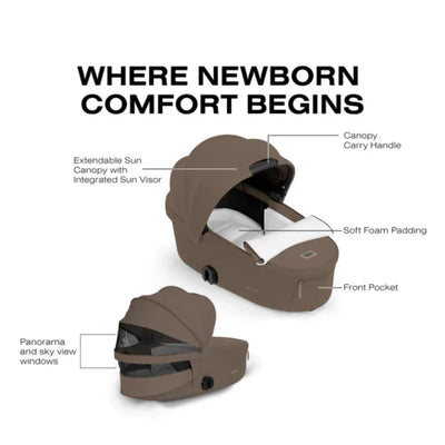 Moisés Infantil Cybex Priam Fold Lux Comfort Collection - Coconut Brown - Proteção e Ventilação em Todos os Passeios